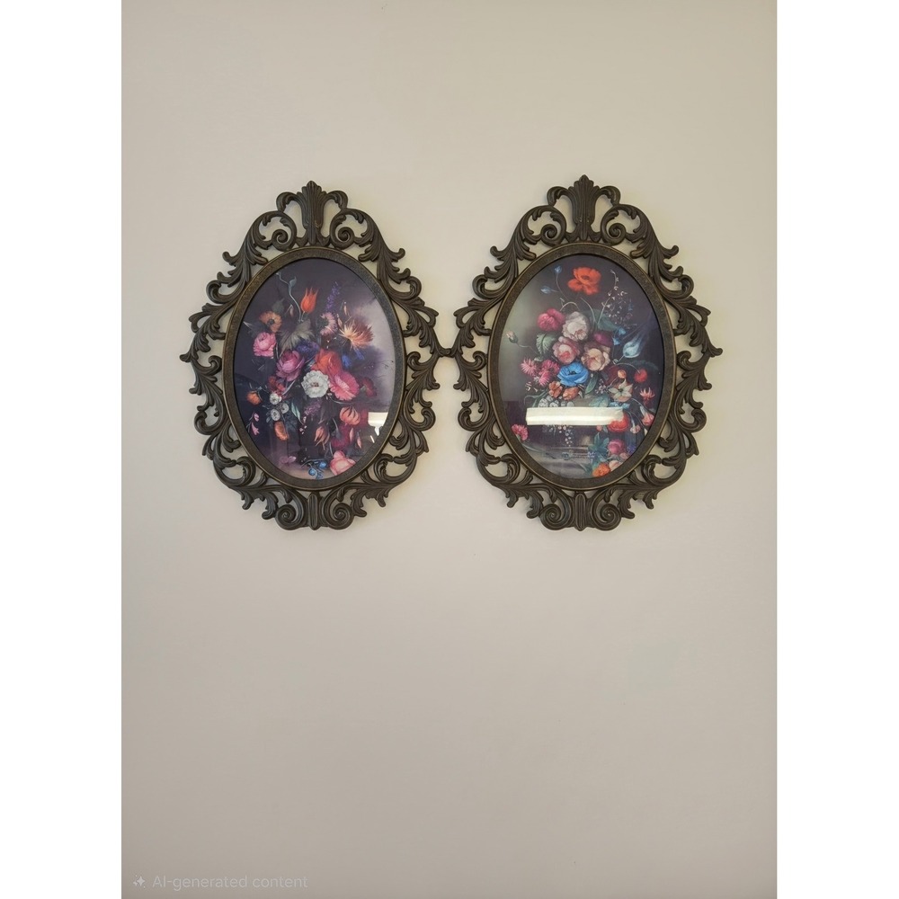Vintage Made in Italy Floral Wall Art Set Ornate Brass Oval Frames Bubble Glass
